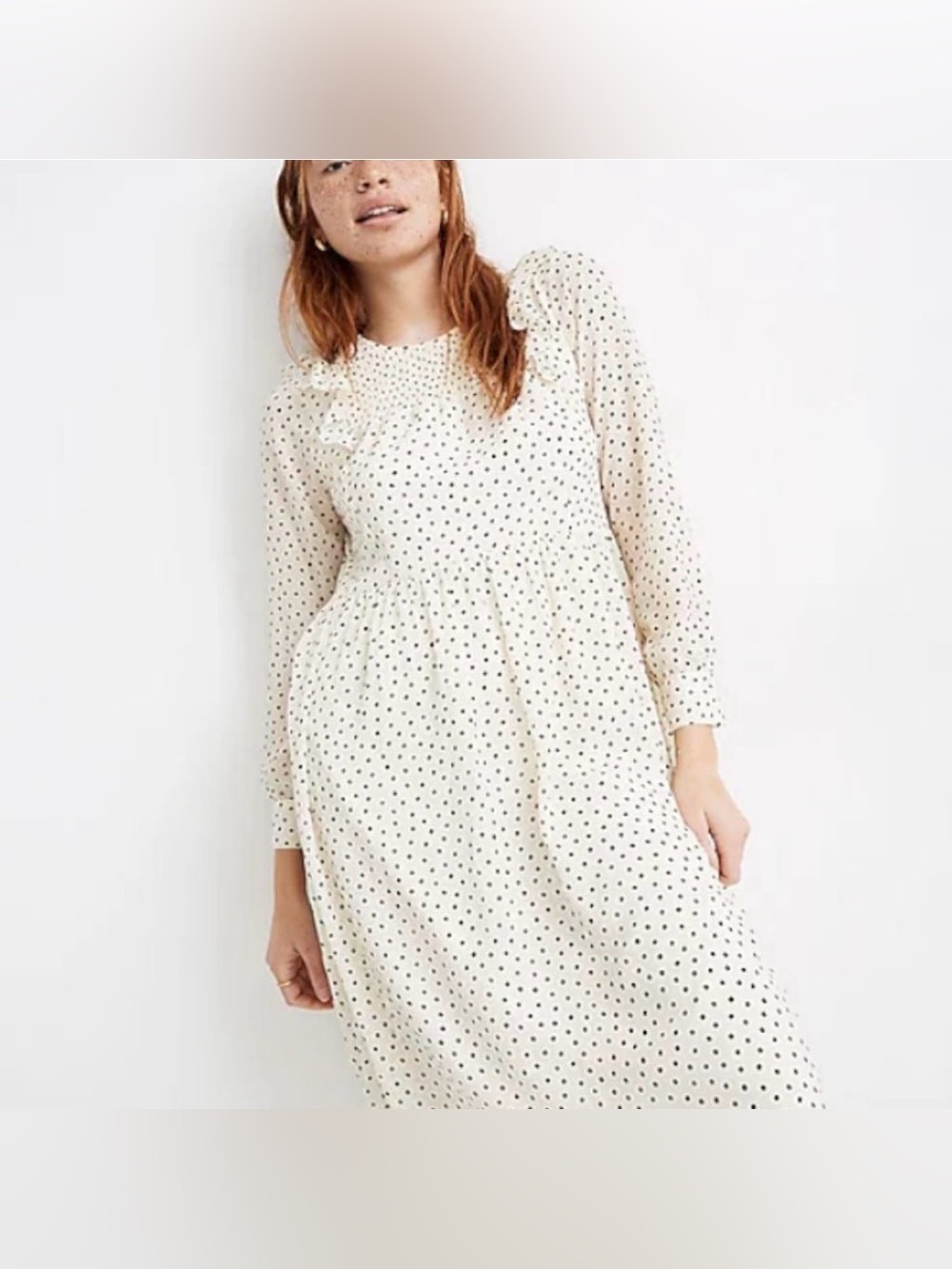 Madewell Smocked Ruffle-Shoulder Midi Dress- Scattered Dot Antique Cream